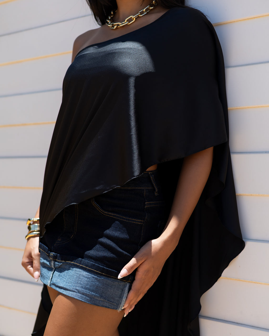 2 piece Black High-Low Satin Cape top