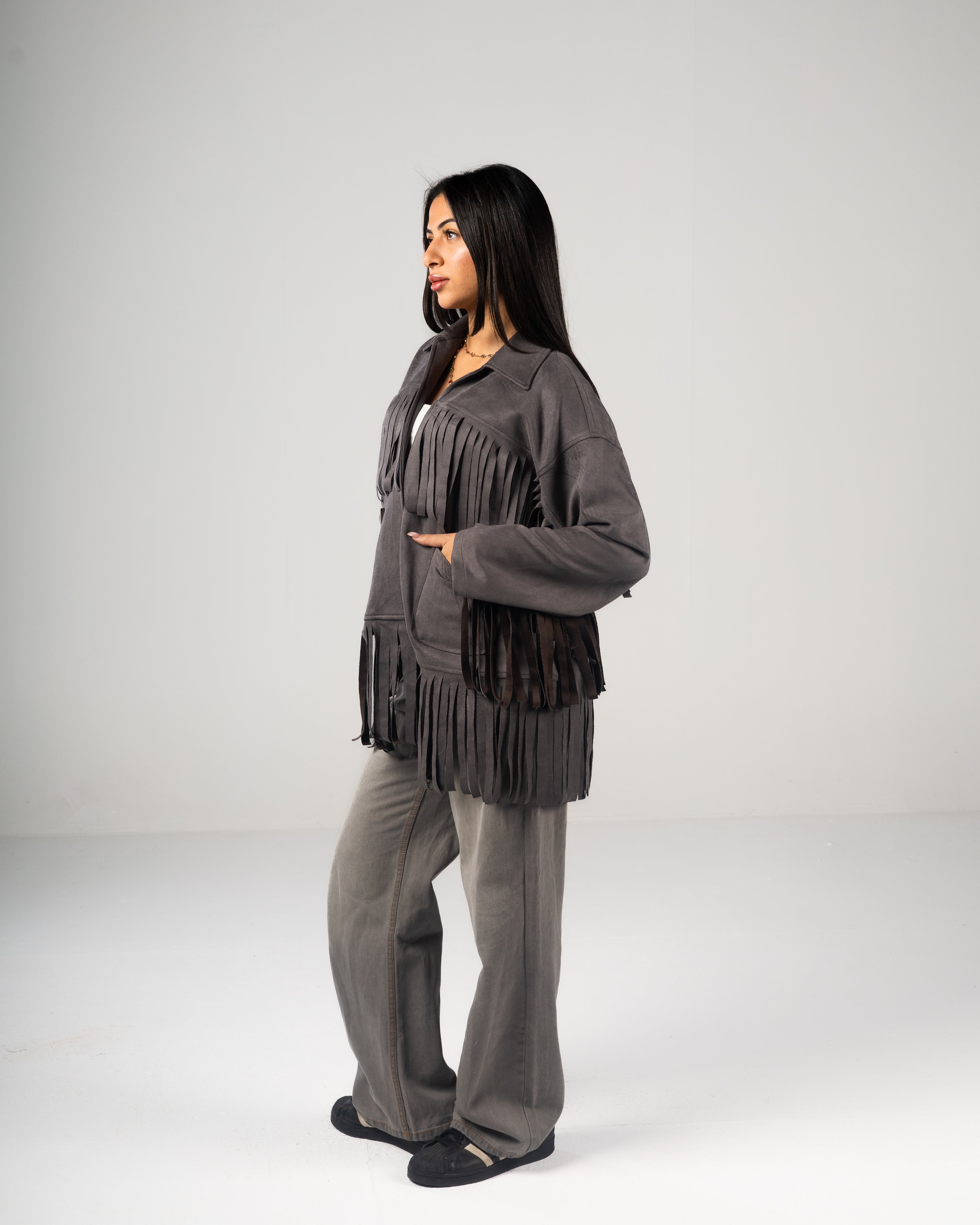 Gray Fringed Suede Jacket