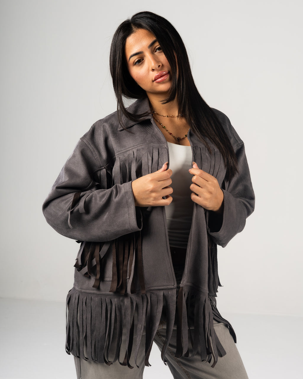 Gray Fringed Suede Jacket