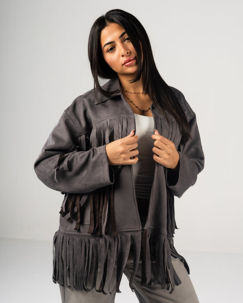 Gray Fringed Suede Jacket