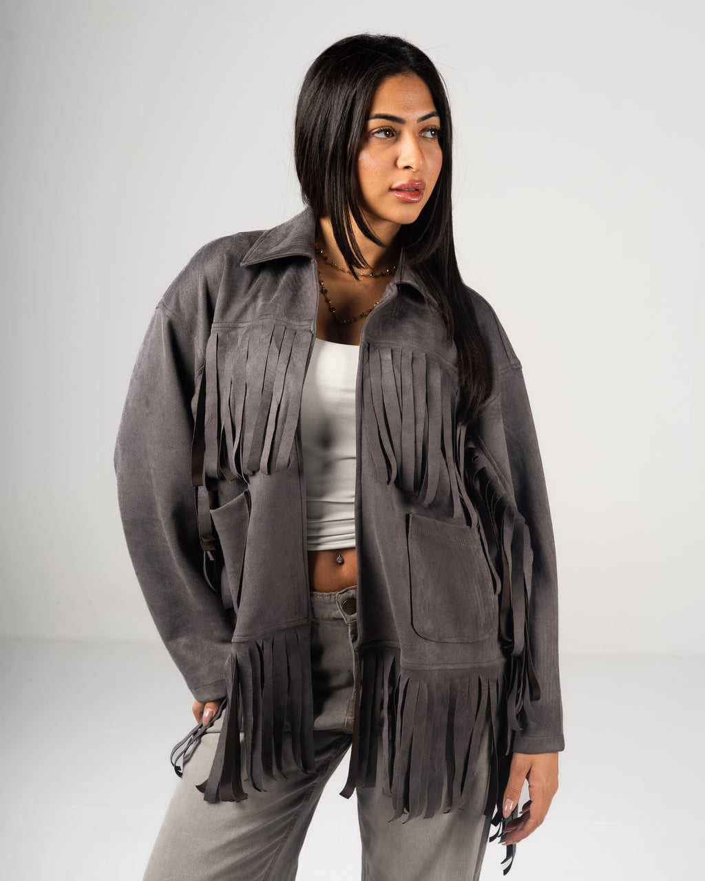 Gray Fringed Suede Jacket