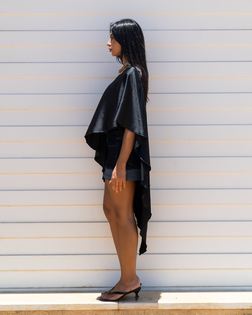 2 piece Black High-Low Satin Cape top