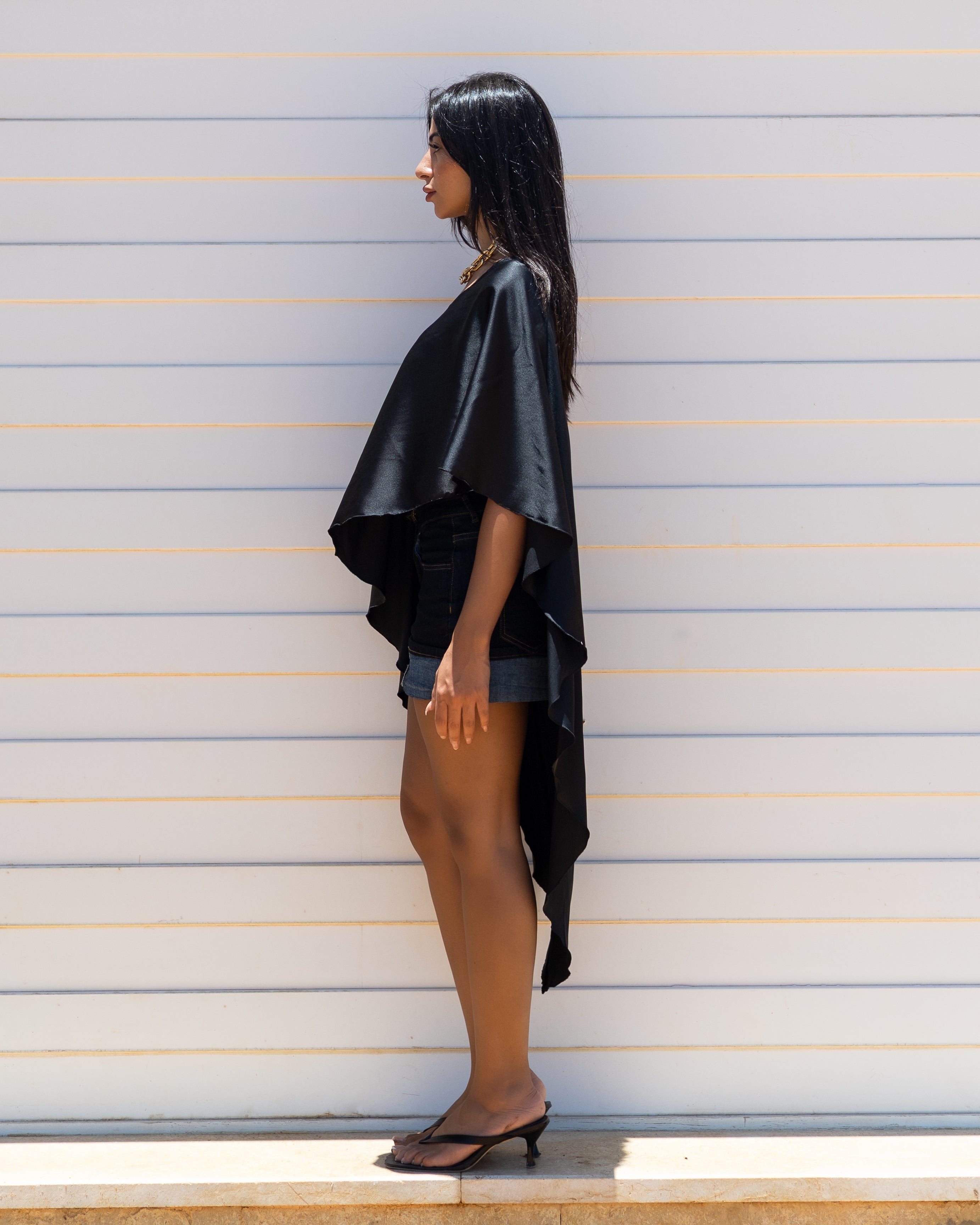 2 piece Black High-Low Satin Cape top