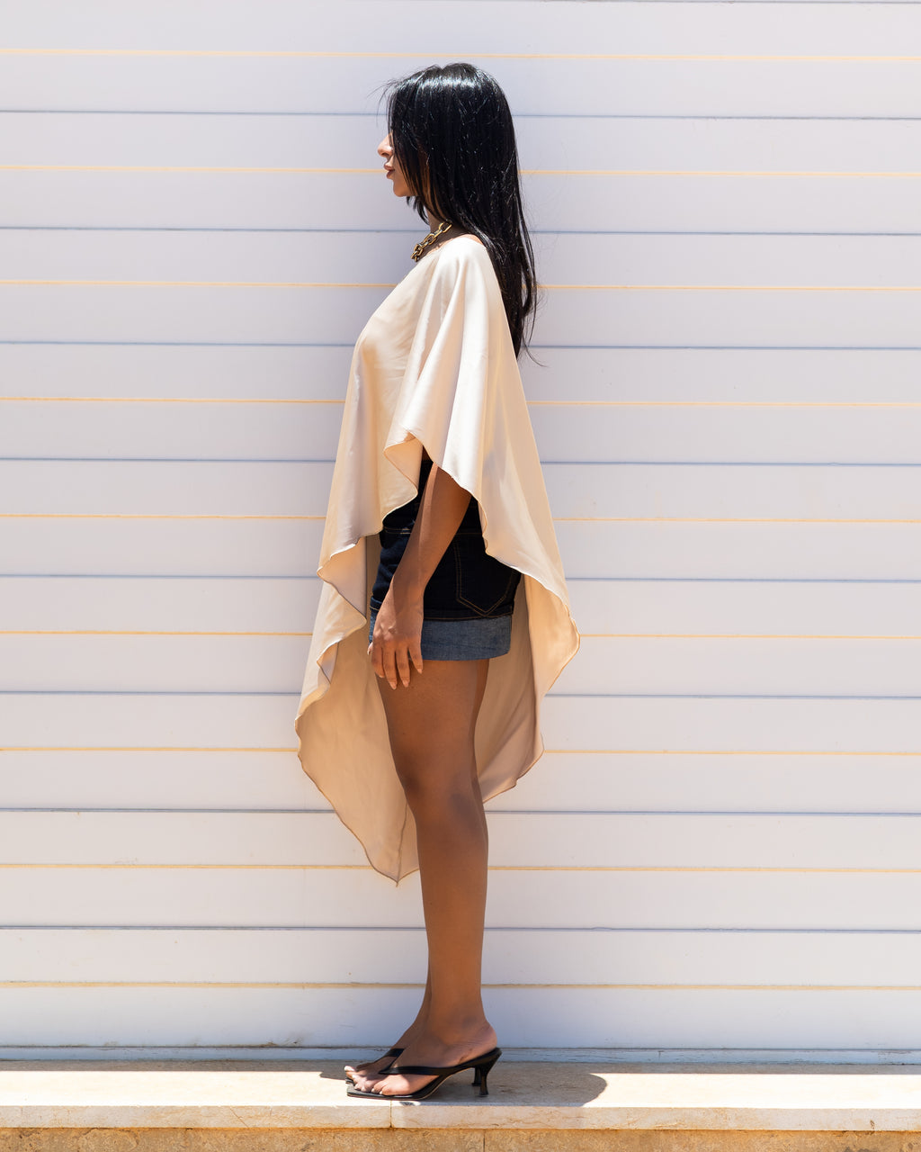2 piece Beige High-Low Satin Cape top