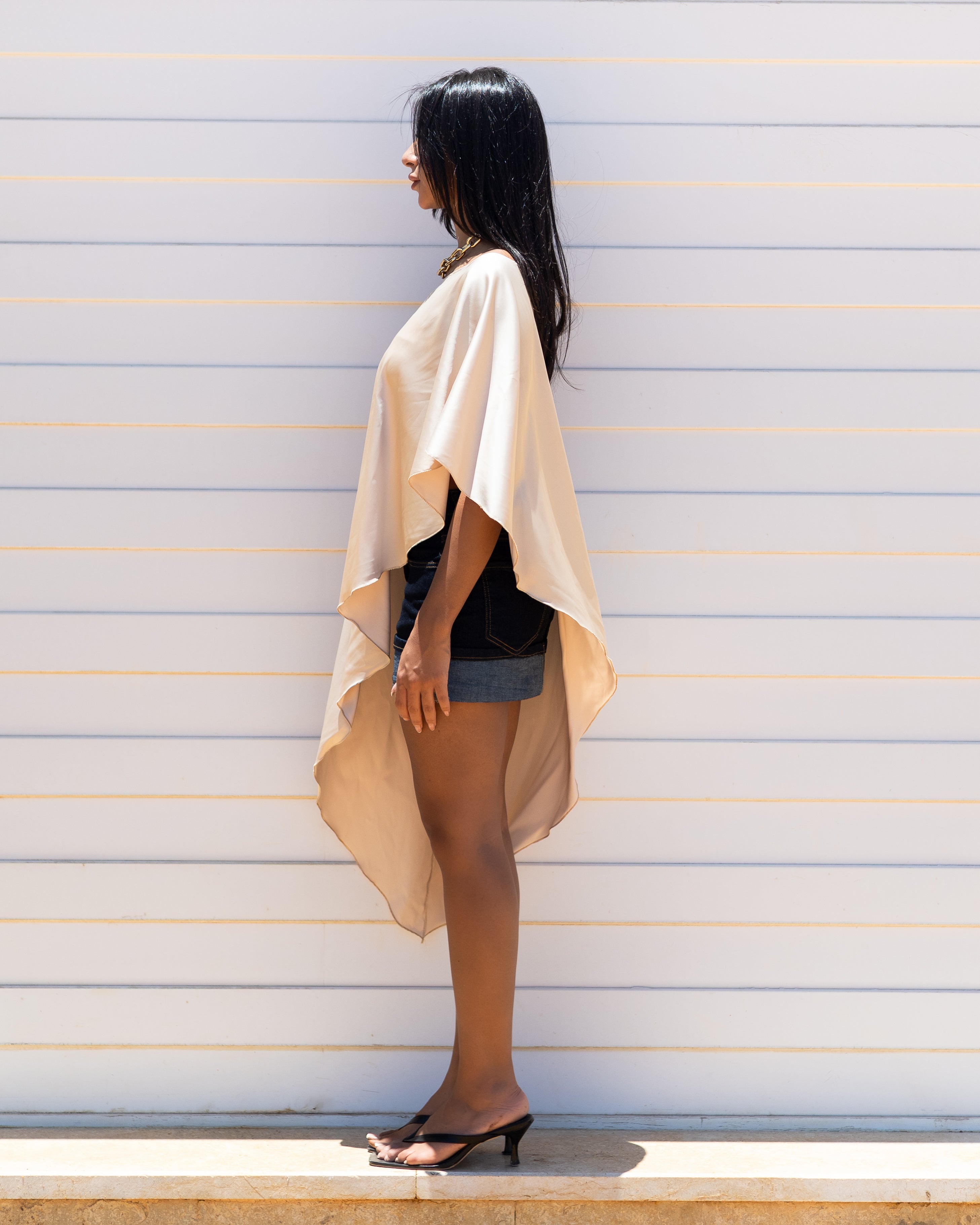 2 piece Beige High-Low Satin Cape top