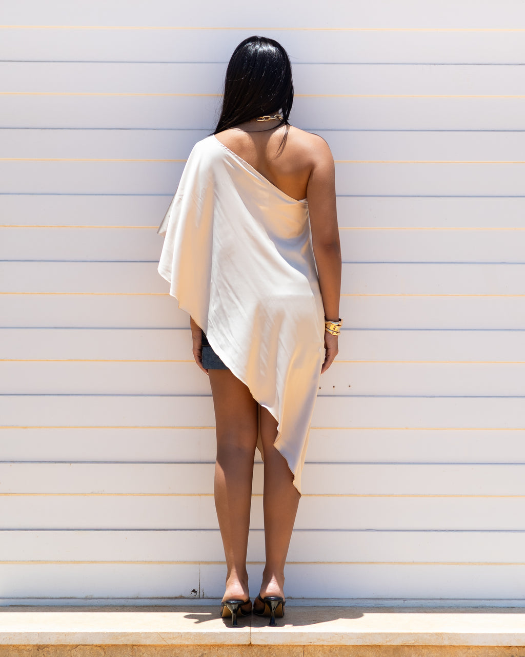 2 piece Beige High-Low Satin Cape top