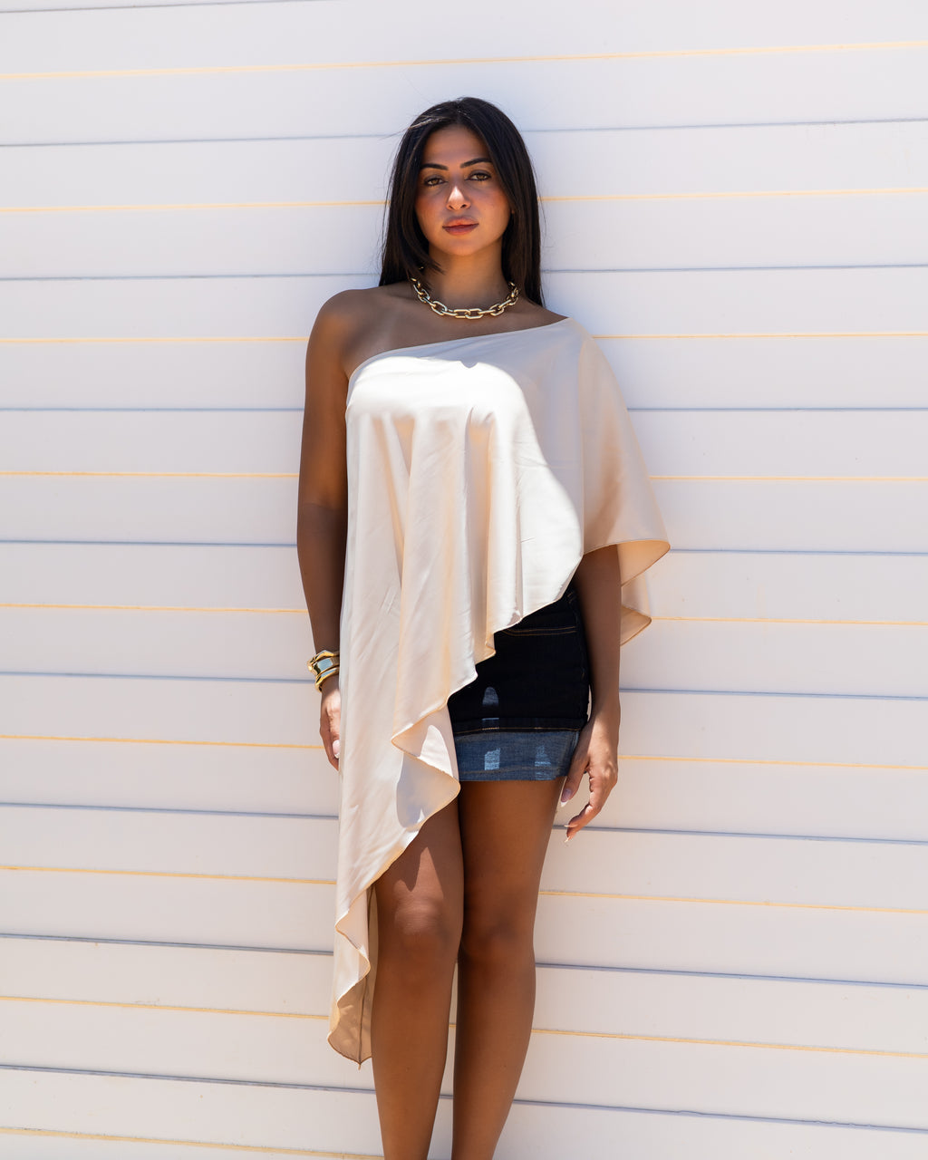2 piece Beige High-Low Satin Cape top