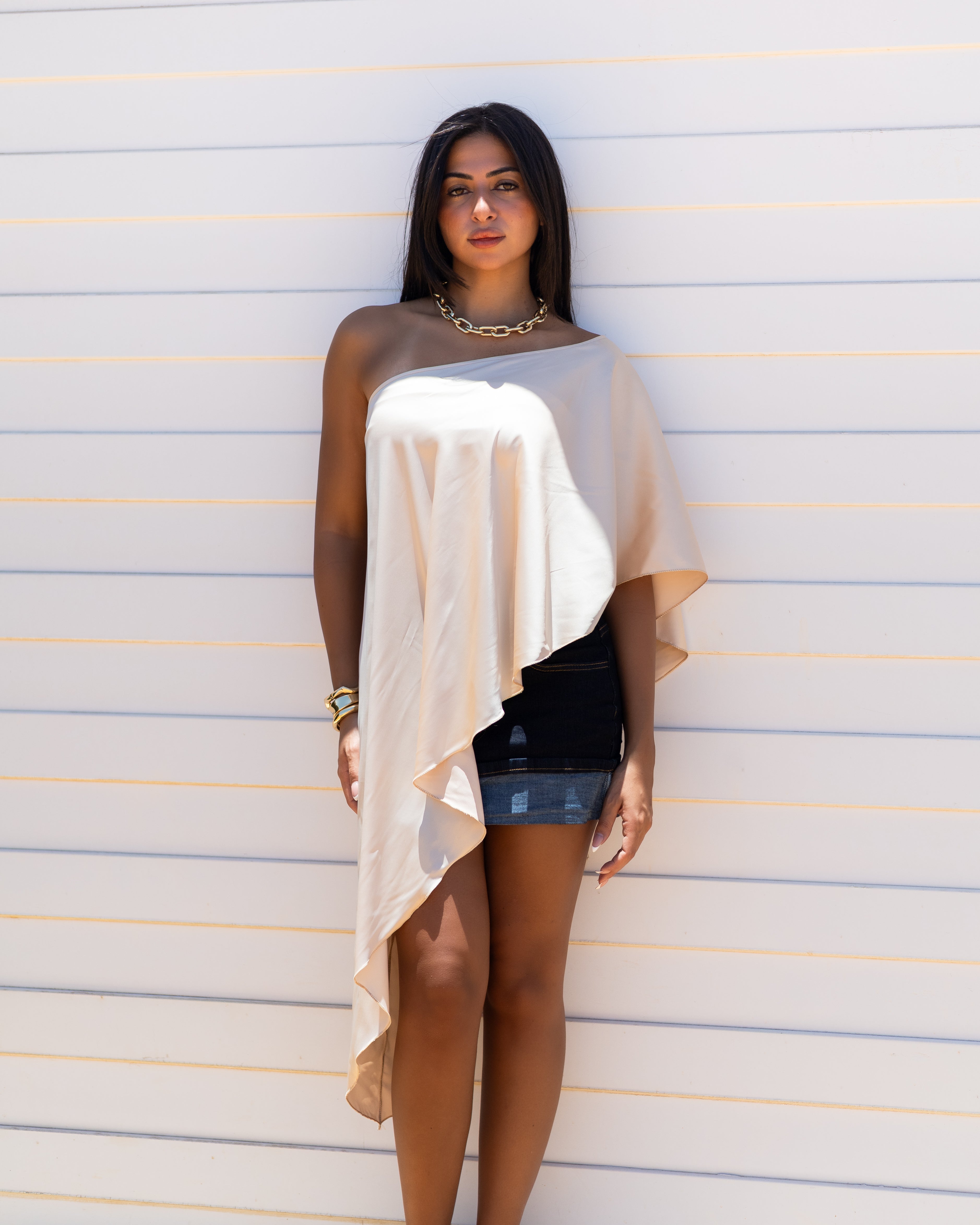 2 piece Beige High-Low Satin Cape top